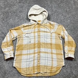 American Eagle Shirt Mens Medium Yellow White Plaid Hooded Button Up Flannel Top